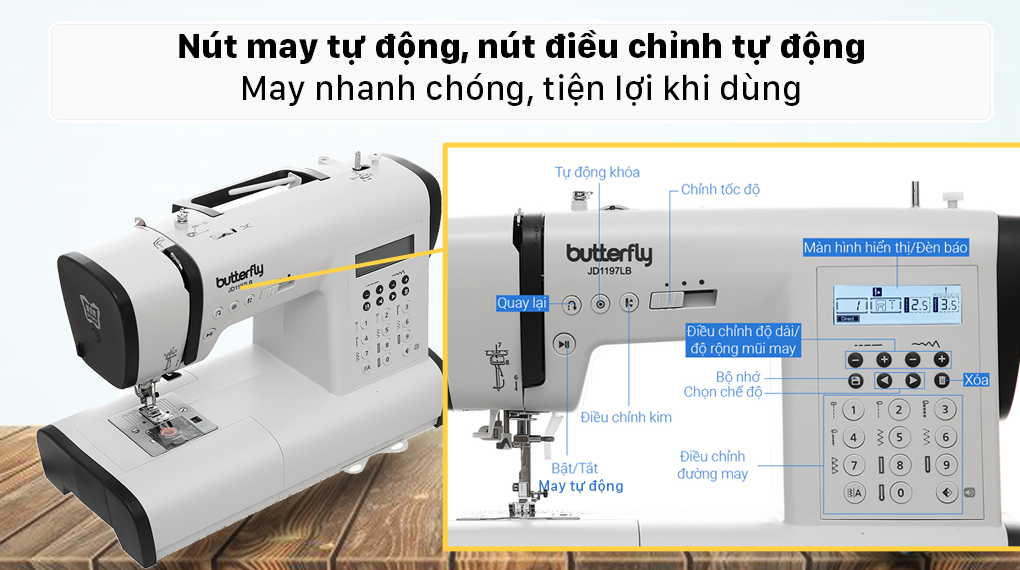 Máy may JD1197LB có chức năng may tự động điều khiển trên thân máy